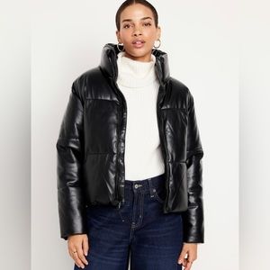 NWT OLD NAVY Mock-Neck Faux-Leather Puffer Jacket / Color Black Jack / X-Large